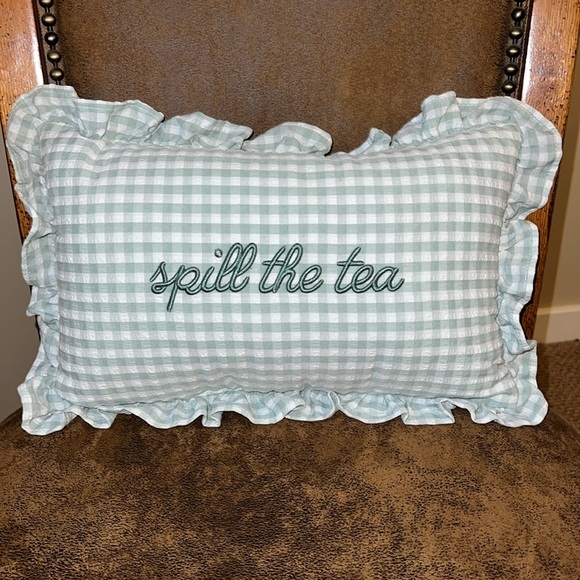 Stylehouse | βSpill The Teaββ Gingham Embroidered Pillow - Picture 1 of 6